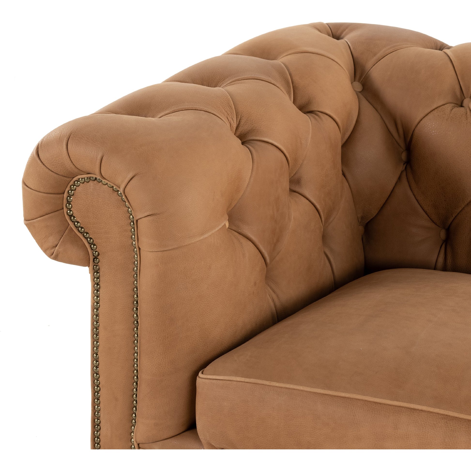 Conrad Sofa by Four Hands in cigar, antique oak, antique brass nailhead. Made from top grain leather, solid ash, iron in a traditional style.