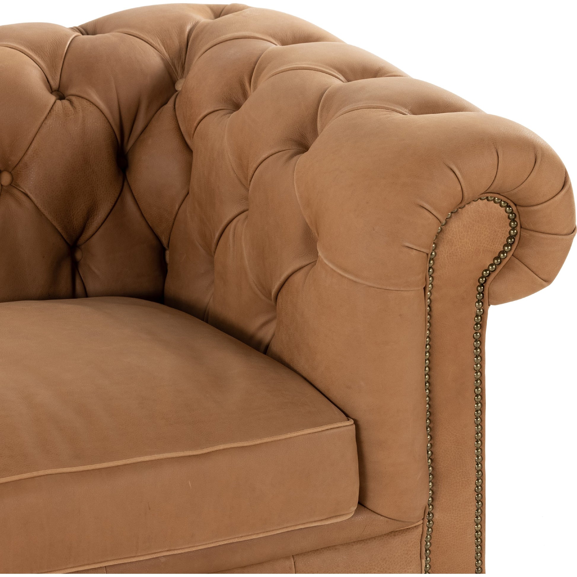 Conrad Sofa by Four Hands in cigar, antique oak, antique brass nailhead. Made from top grain leather, solid ash, iron in a traditional style.