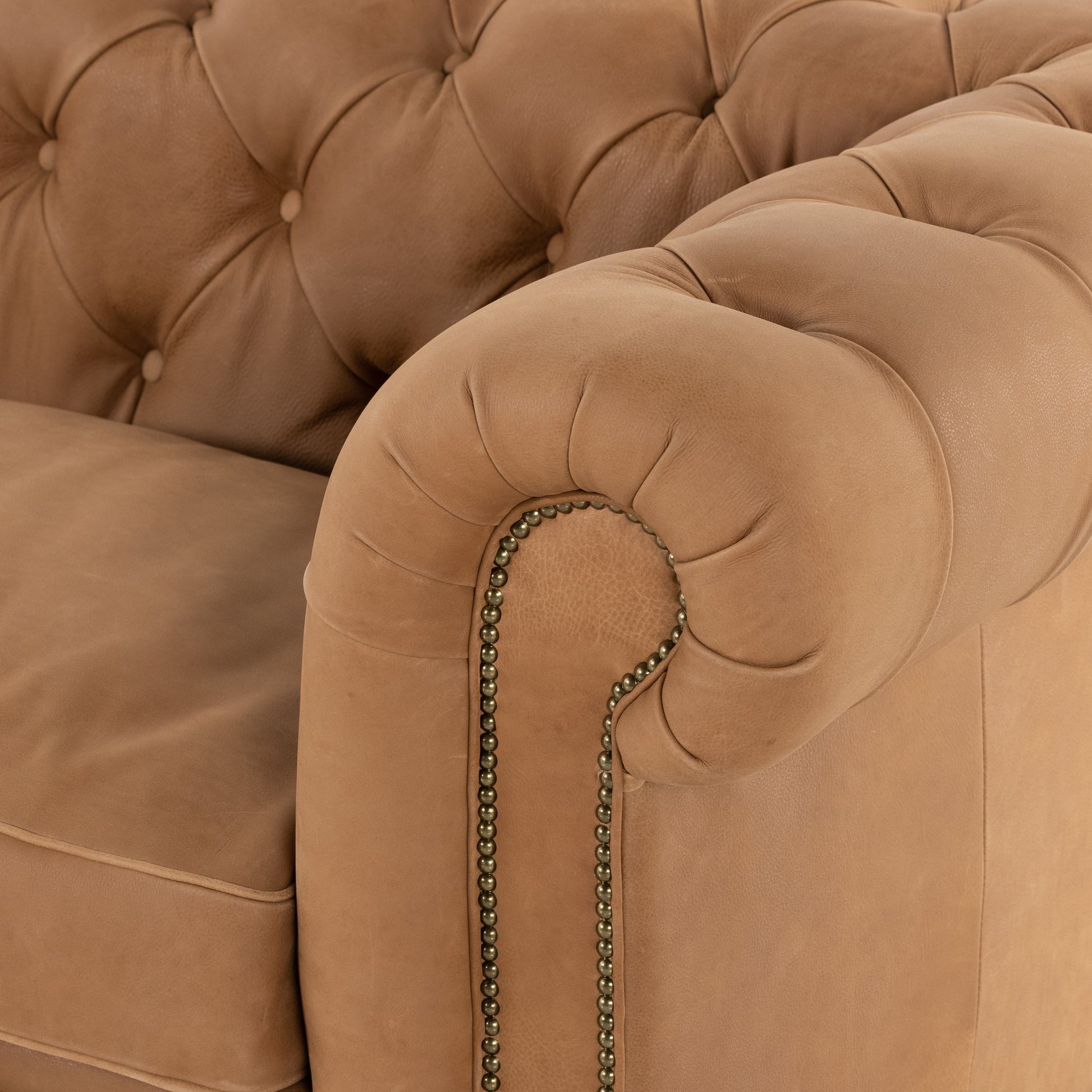 Conrad Sofa by Four Hands in cigar, antique oak, antique brass nailhead. Made from top grain leather, solid ash, iron in a traditional style.