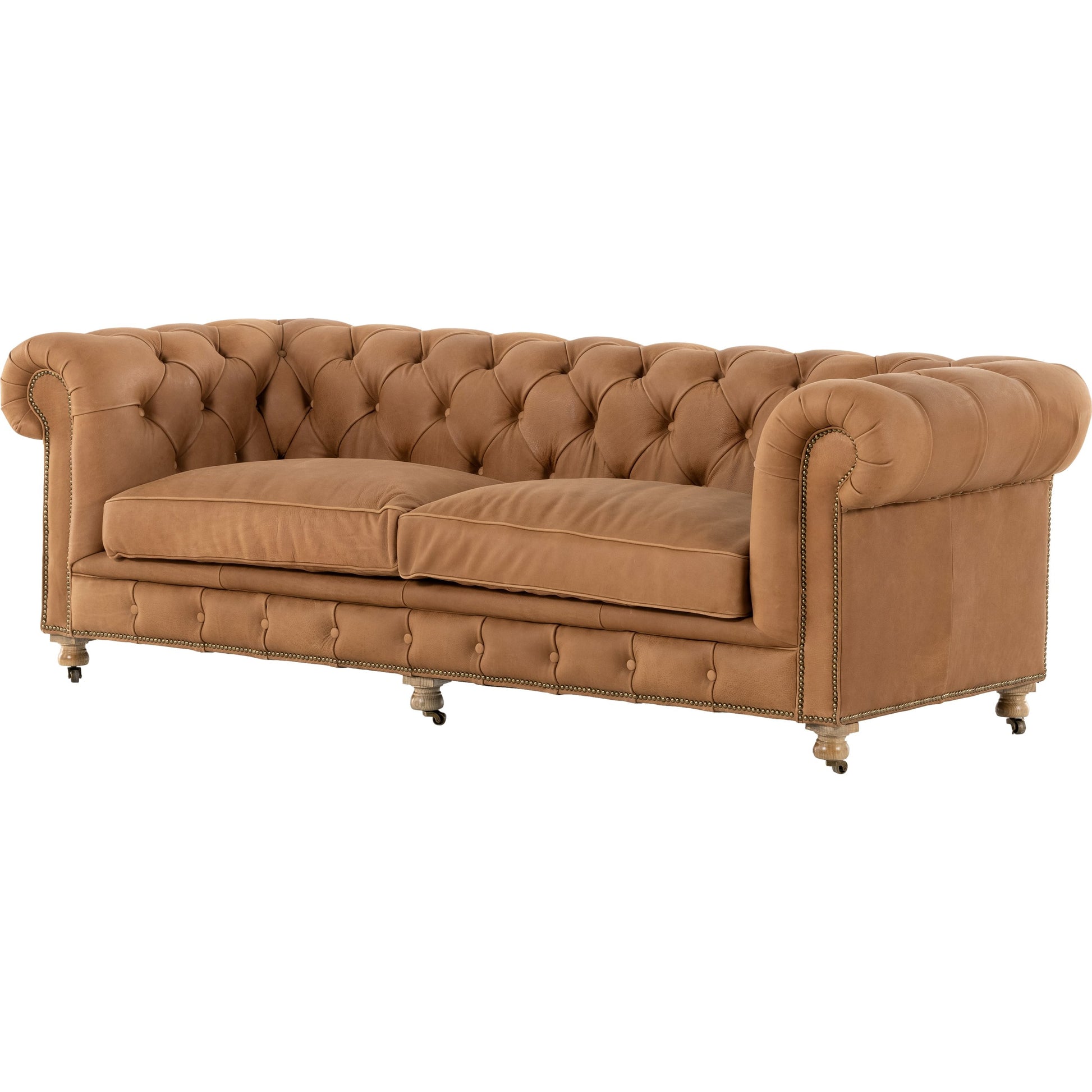 Conrad Sofa by Four Hands in cigar, antique oak, antique brass nailhead. Made from top grain leather, solid ash, iron in a traditional style.