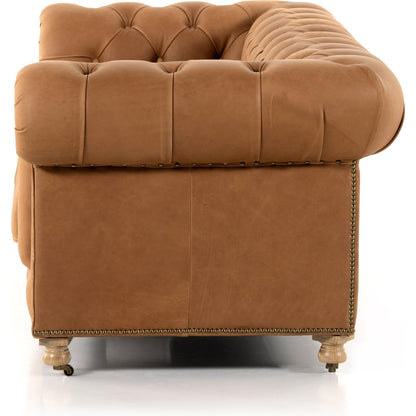 Conrad Sofa by Four Hands in cigar, antique oak, antique brass nailhead. Made from top grain leather, solid ash, iron in a traditional style.