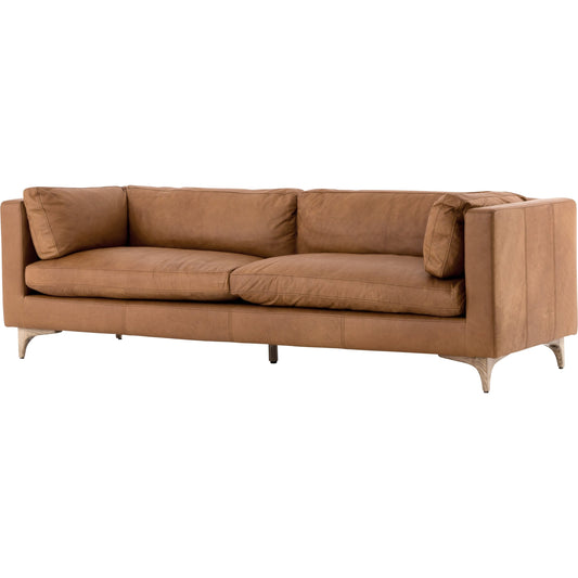 Beckwith Sofa by Four Hands in natural washed camel, weathered ash. Made from top grain leather, solid ash, 100% polyester in a modern style.