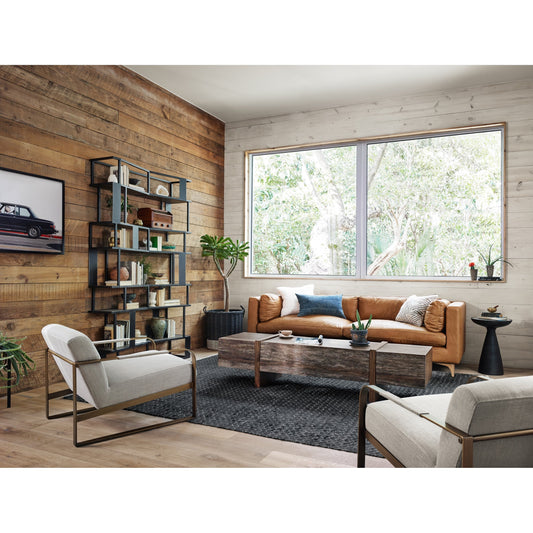 Beckwith Sofa by Four Hands in natural washed camel, weathered ash. Made from top grain leather, solid ash, 100% polyester in a modern style.