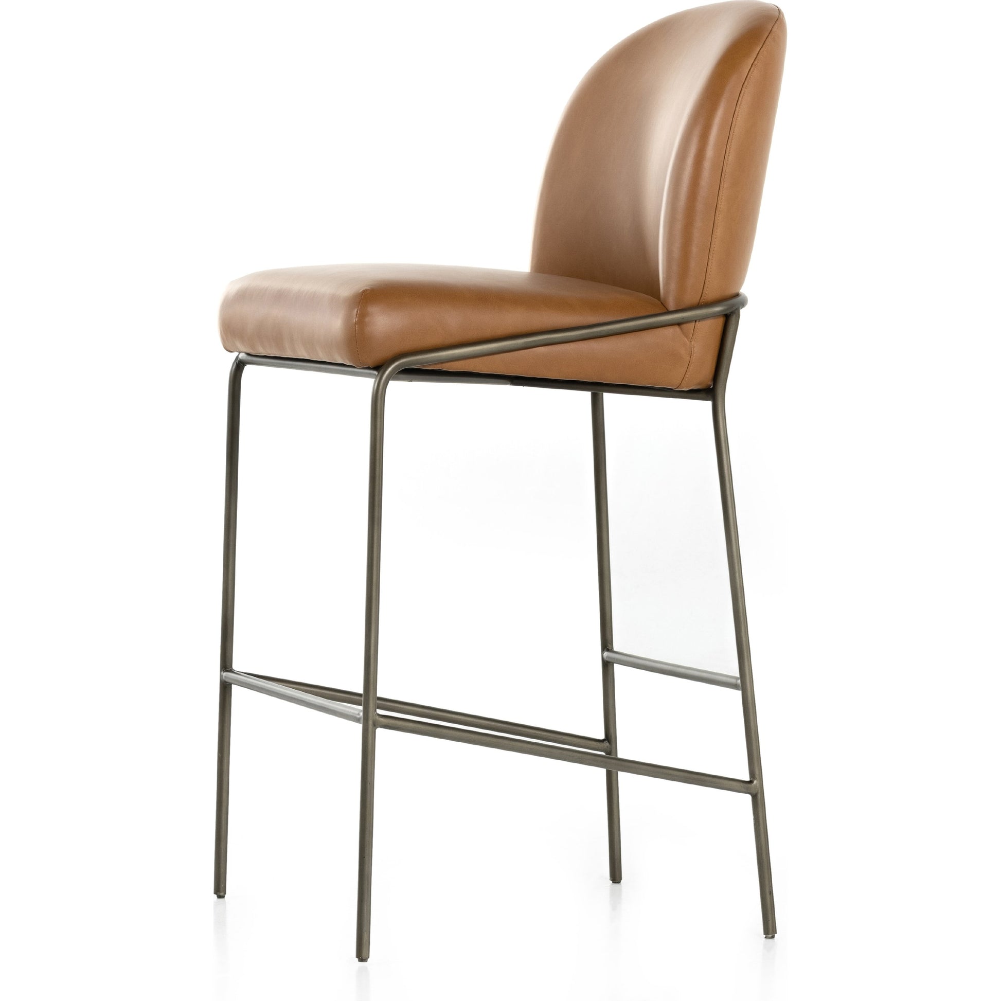 Astrud Bar Stool by Four Hands in sierra butterscotch. Made from faux leather, iron, top grain leather in a modern style.