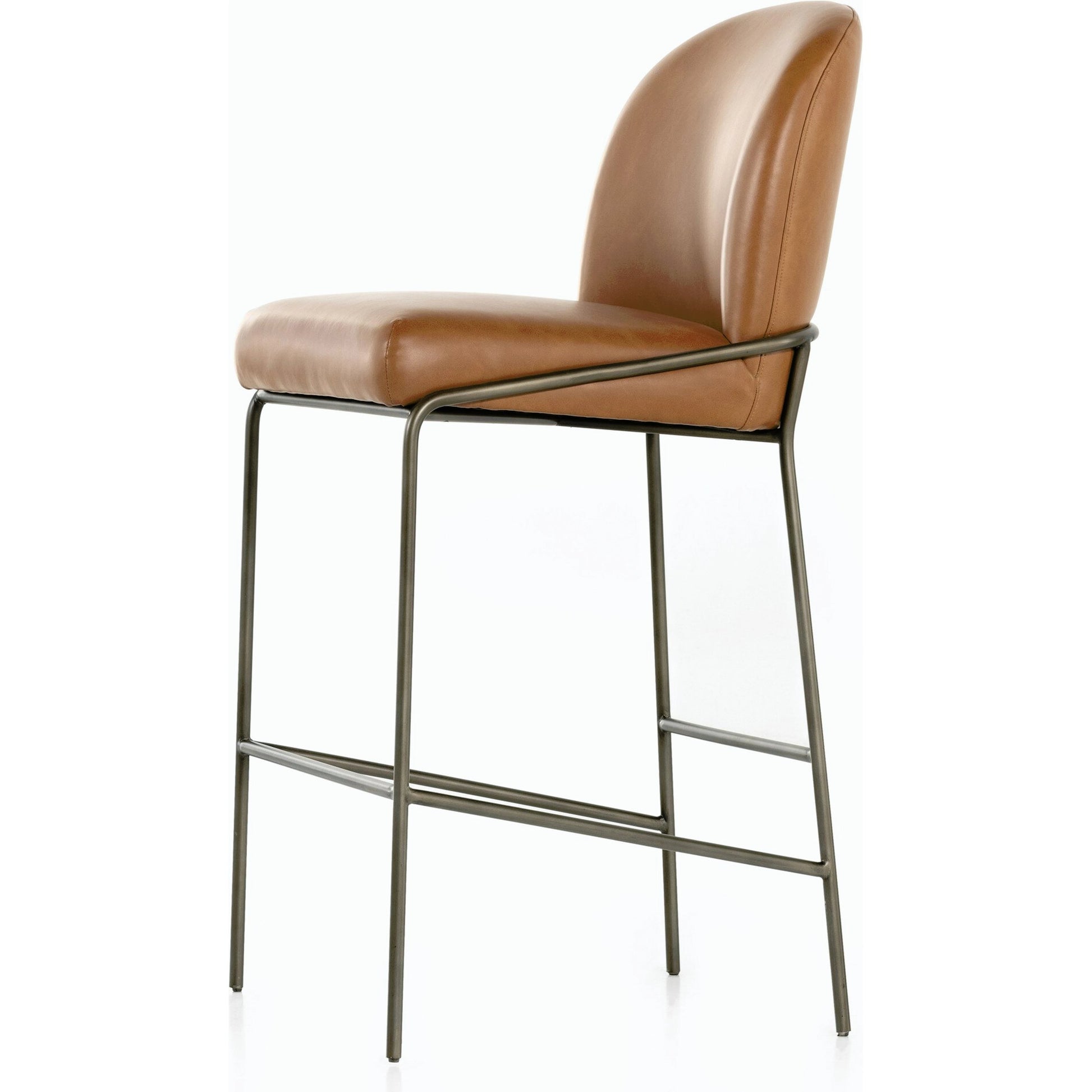 Astrud Bar Stool by Four Hands in sierra butterscotch. Made from faux leather, iron, top grain leather in a modern style.