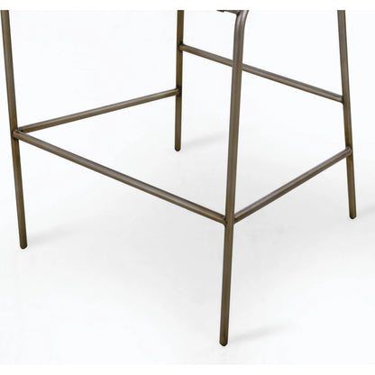 Astrud Bar Stool by Four Hands in sierra butterscotch. Made from faux leather, iron, top grain leather in a modern style.