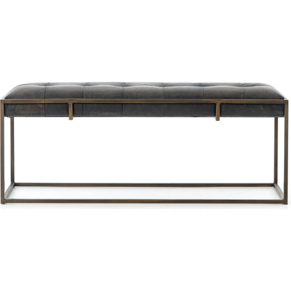 Oxford Bench by Four Hands in rialto ebony, antique brass. Made from top grain leather, iron, 100% polyester in a modern style.
