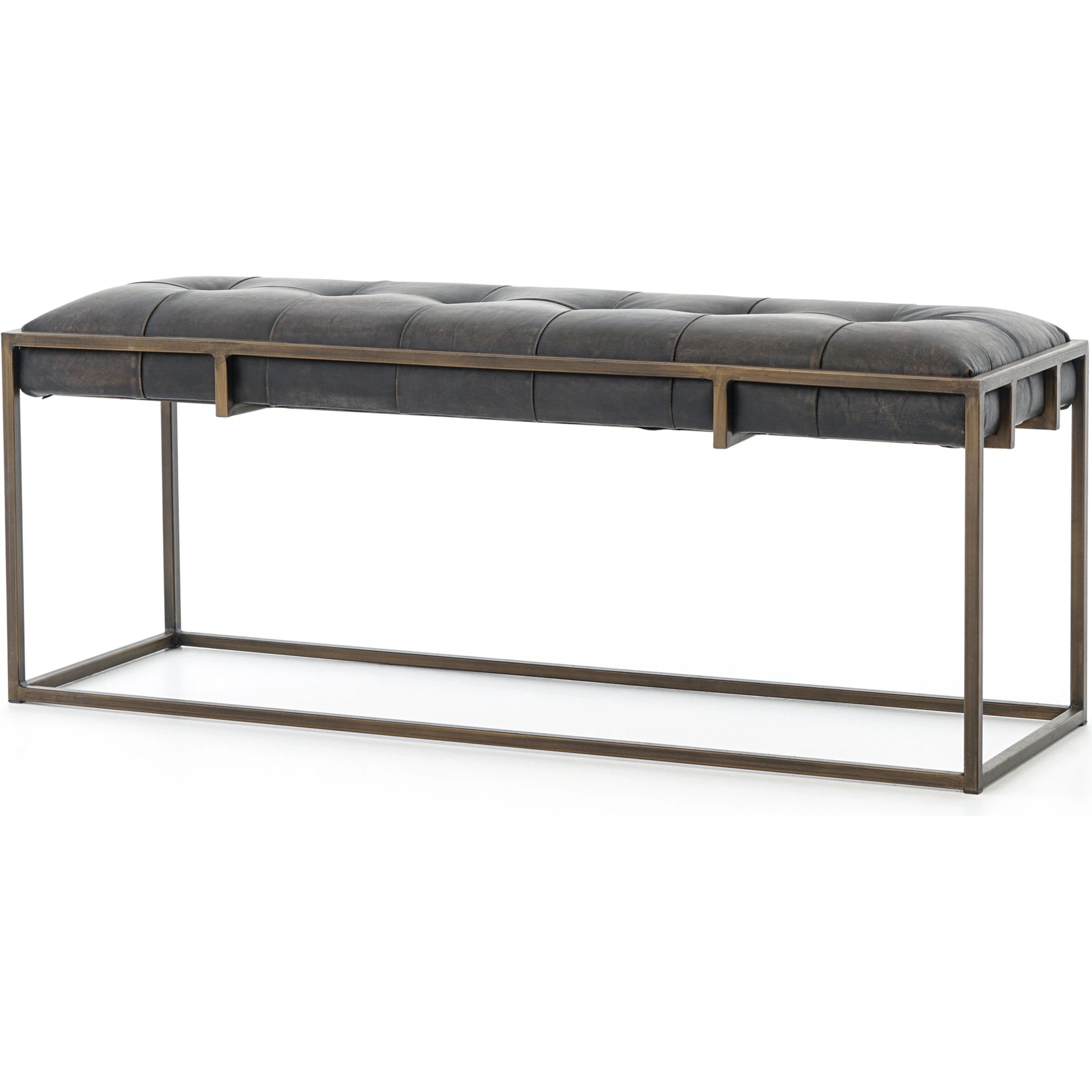 Oxford Bench by Four Hands in rialto ebony, antique brass. Made from top grain leather, iron, 100% polyester in a modern style.