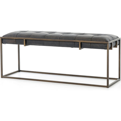 Oxford Bench by Four Hands in rialto ebony, antique brass. Made from top grain leather, iron, 100% polyester in a modern style.