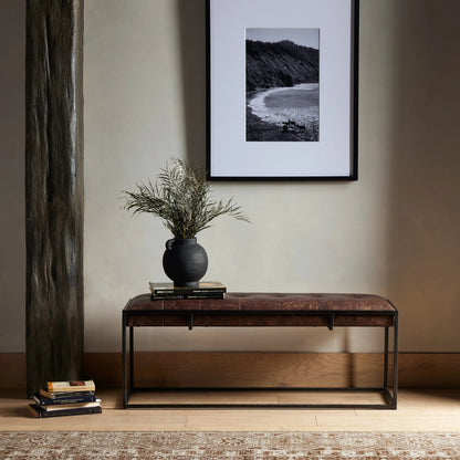 Oxford Bench by Four Hands in rialto ebony, antique brass. Made from top grain leather, iron, 100% polyester in a modern style.