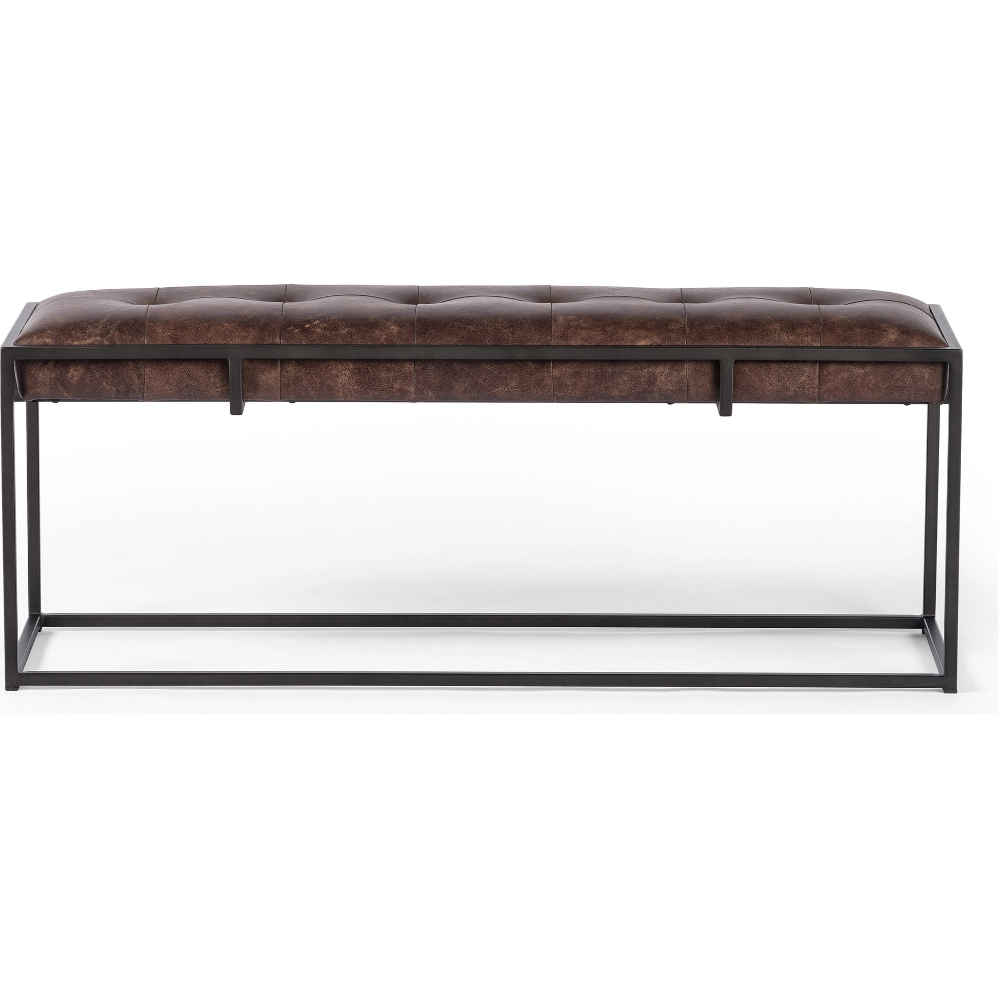 Oxford Bench by Four Hands in rialto ebony, antique brass. Made from top grain leather, iron, 100% polyester in a modern style.