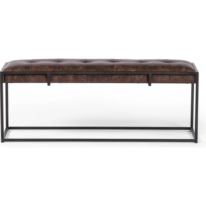 Oxford Bench by Four Hands in rialto ebony, antique brass. Made from top grain leather, iron, 100% polyester in a modern style.