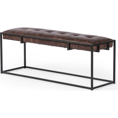 Oxford Bench by Four Hands in rialto ebony, antique brass. Made from top grain leather, iron, 100% polyester in a modern style.