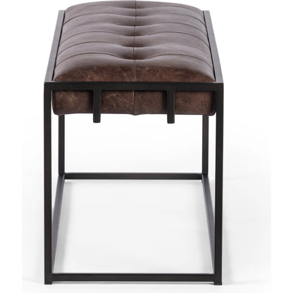 Oxford Bench by Four Hands in rialto ebony, antique brass. Made from top grain leather, iron, 100% polyester in a modern style.