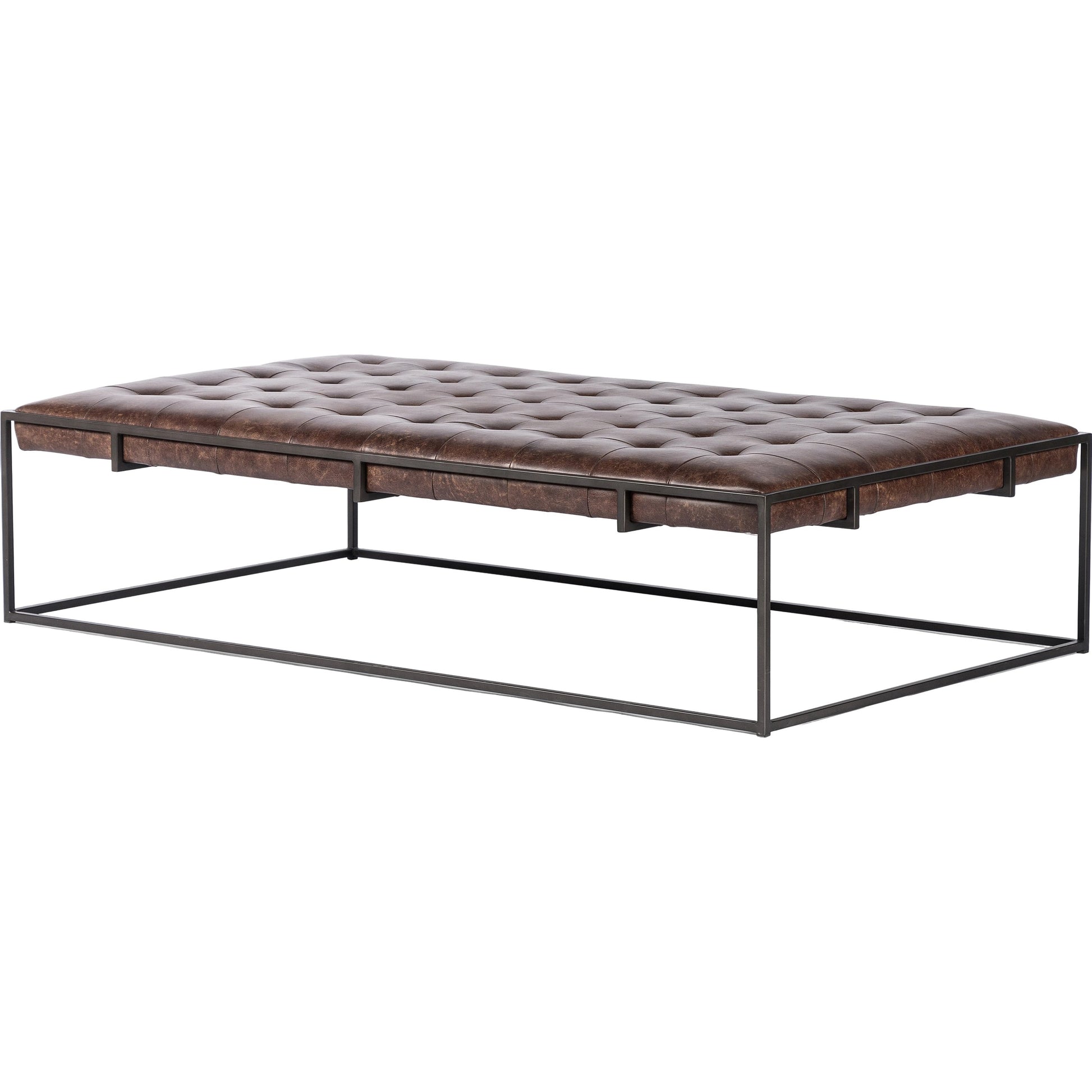 Oxford Coffee Table by Four Hands in rialto ebony and antique brass. Made from top grain leather, iron, 100% polyester in a modern style.