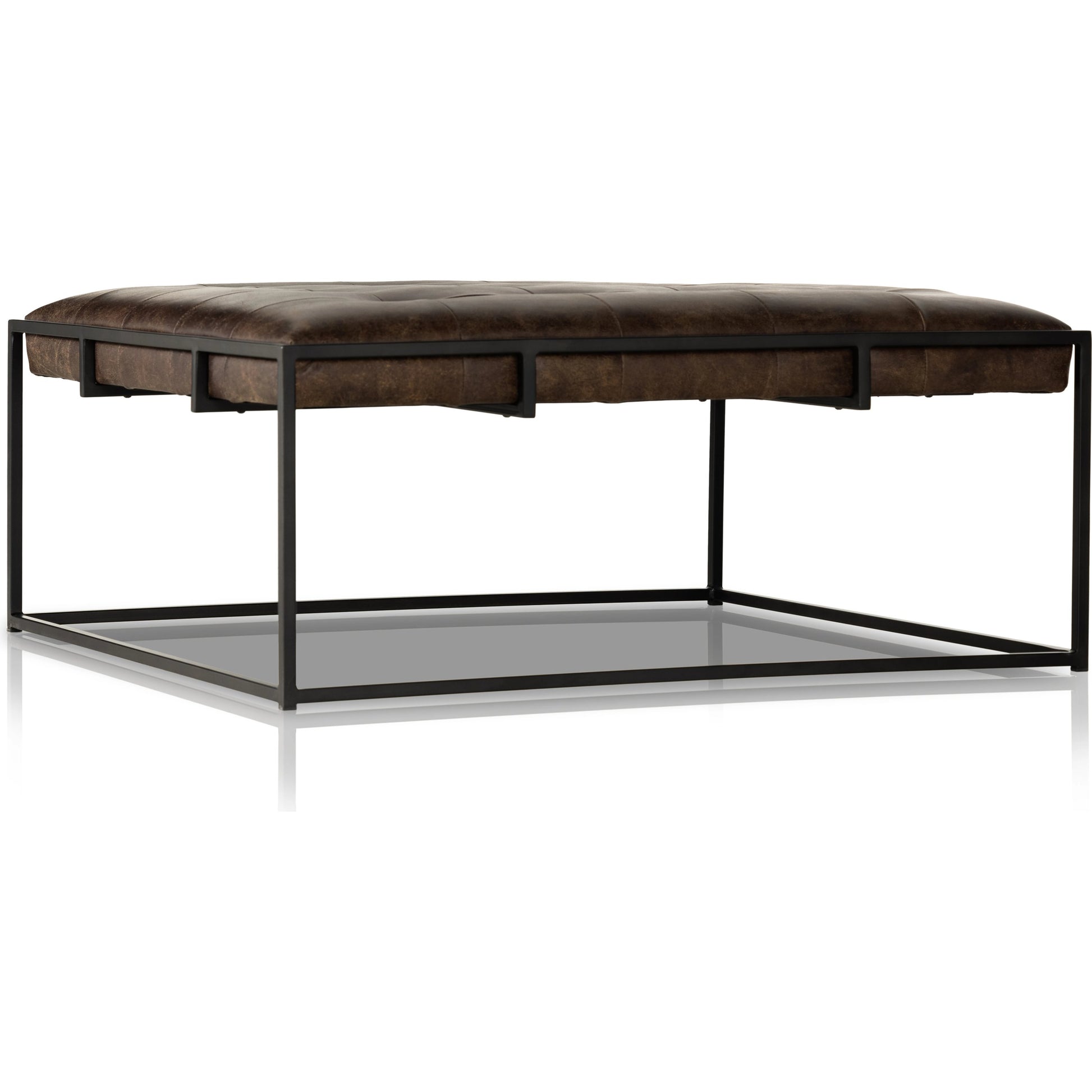 Oxford Square Coffee Table by Four Hands in rialto ebony, antique brass. Made from top grain leather, iron, 100% polyester in a modern style.