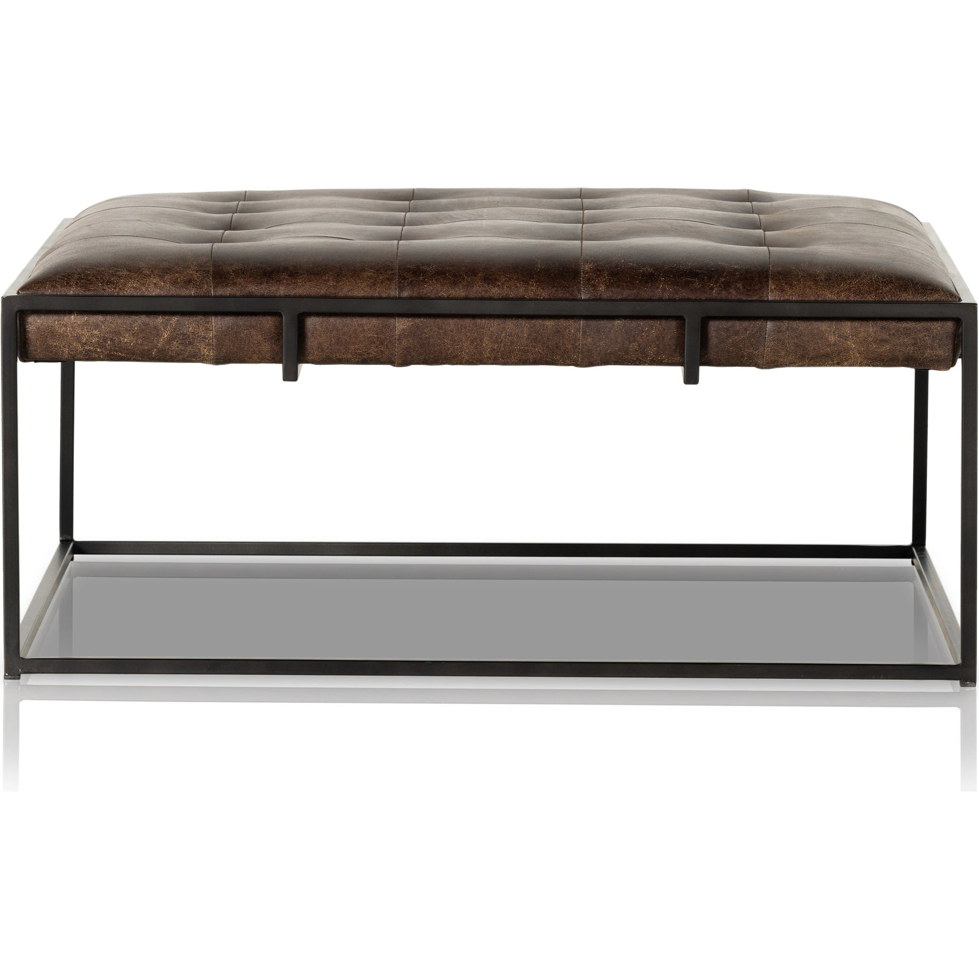 Oxford Square Coffee Table by Four Hands in rialto ebony, antique brass. Made from top grain leather, iron, 100% polyester in a modern style.