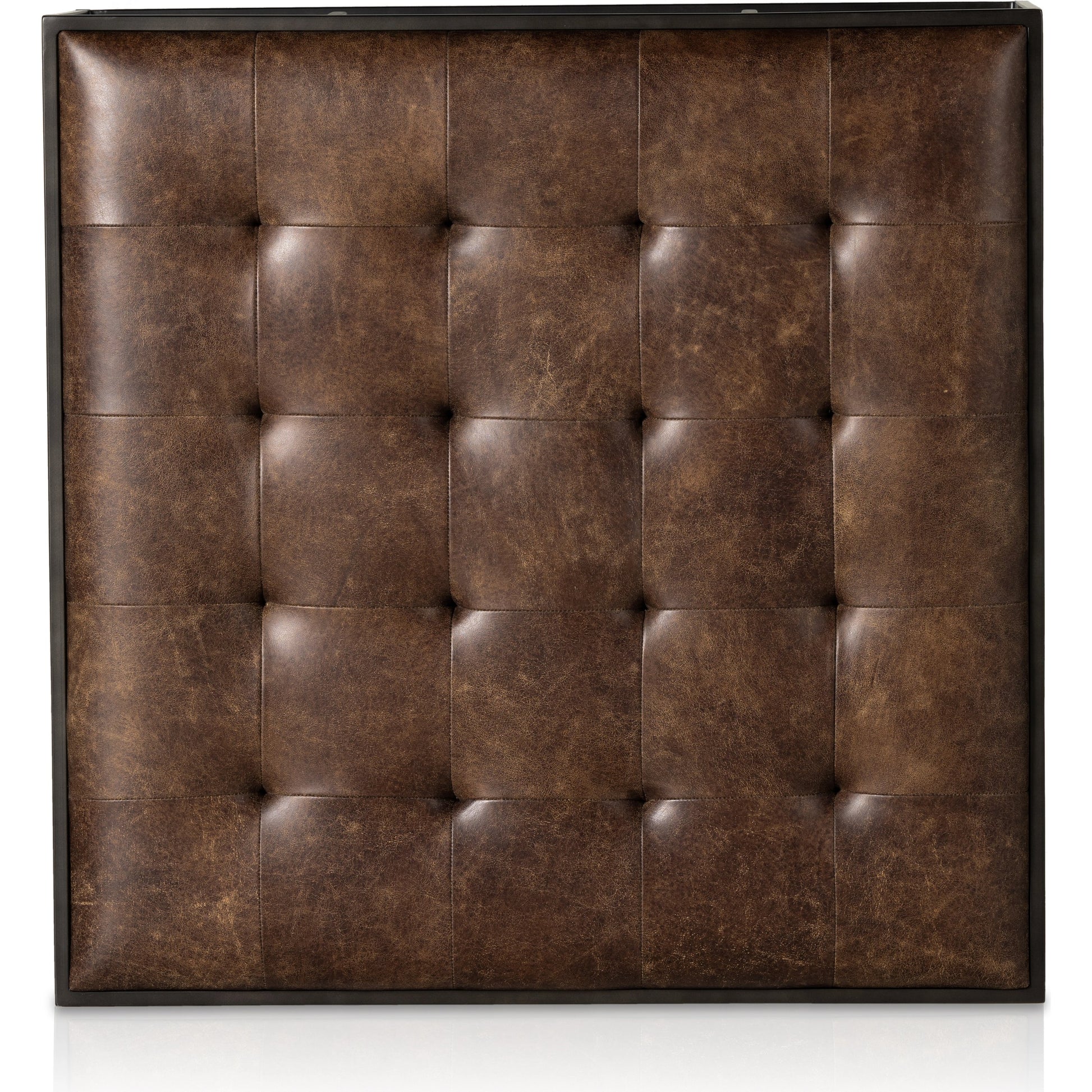 Oxford Square Coffee Table by Four Hands in rialto ebony, antique brass. Made from top grain leather, iron, 100% polyester in a modern style.