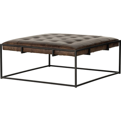 Oxford Square Coffee Table by Four Hands in rialto ebony, antique brass. Made from top grain leather, iron, 100% polyester in a modern style.