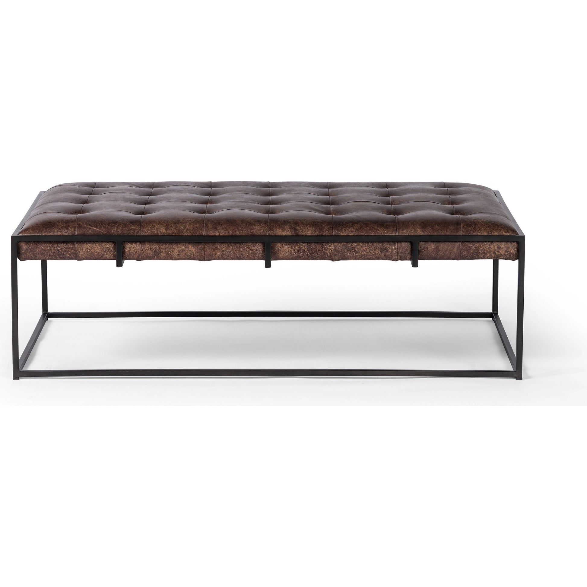 Oxford Coffee Table by Four Hands in rialto ebony and antique brass. Made from top grain leather, iron, 100% polyester in a modern style.