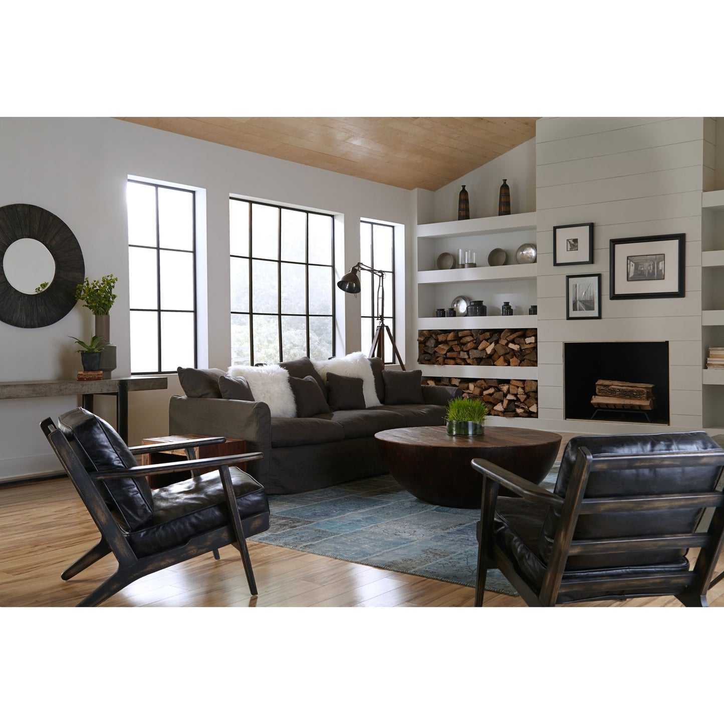 024 SI-1714619 | Lifestyle | Brooks Lounge Chair by Four Hands in rialto ebony, black wash. Made from top grain leather, solid oak, 67% cotton, 33% flax, linen in a modern style.