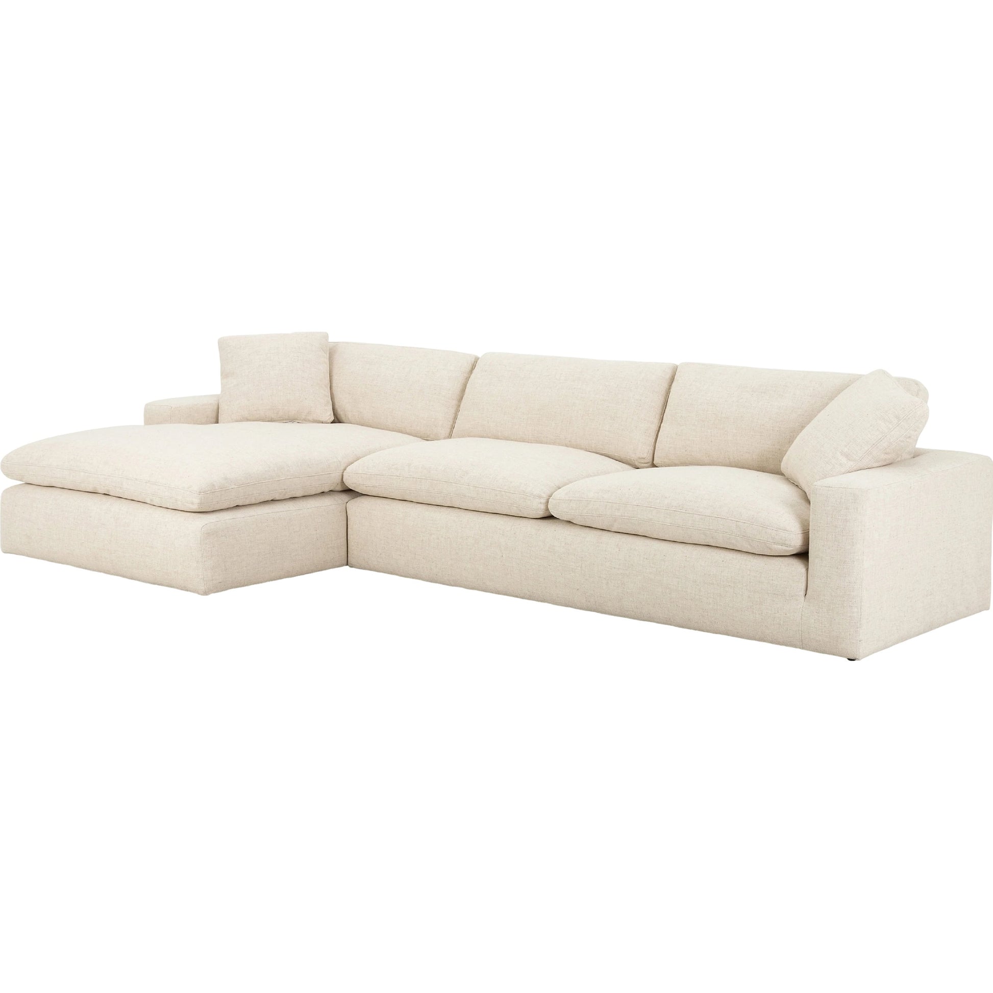 Plume 136" 2-PC Sectional by Four Hands in thames cream. Made from 66% polyester, 19% acrylic, 15% flax, linen, poplar plywood, 60% waterfowl feather, 40% polyester fiber in a modern style.