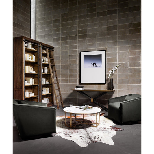 York Swivel Chair by Four Hands in modern velvet smoke. Made from 100% polyester, solid banak, pine plywood in a modern style.