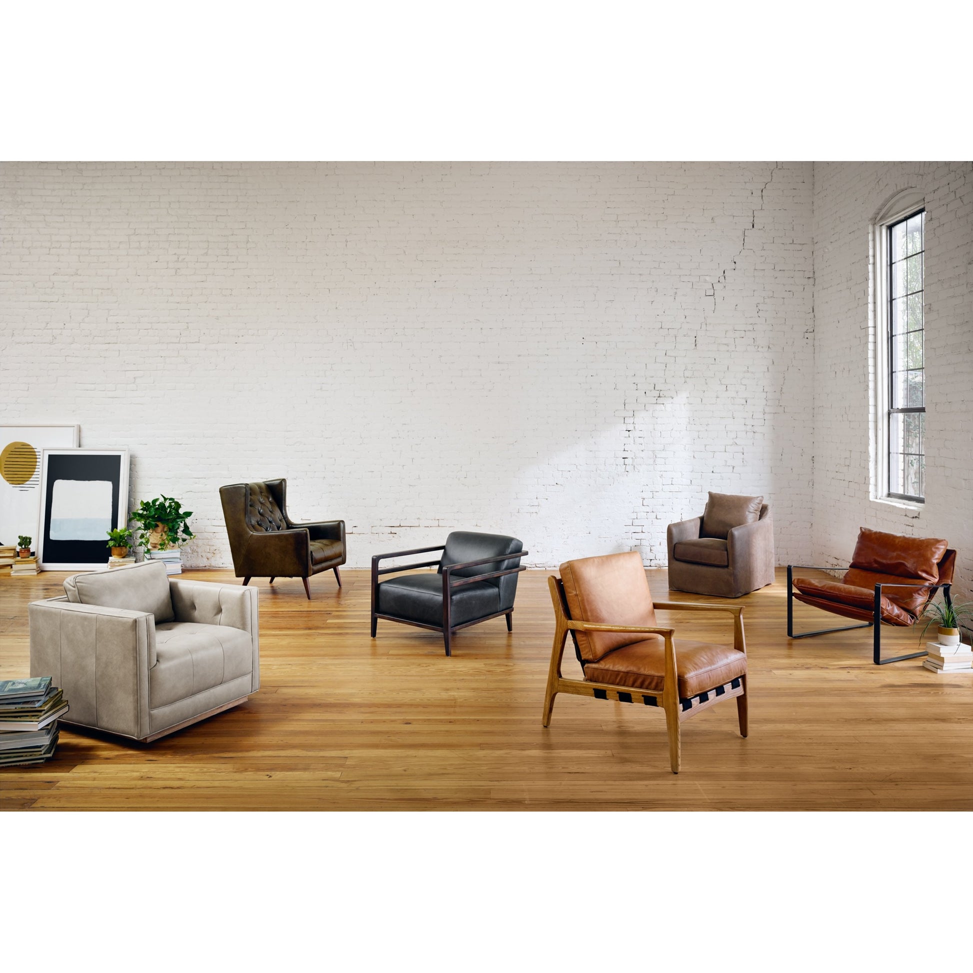 Emmett Sling Chair by Four Hands. Made from top grain leather, iron, 100% polyester in a modern style.