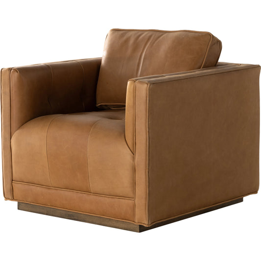 Kiera Swivel Chair by Four Hands. Made from top grain leather, solid parawood, pine plywood in a transitional style.