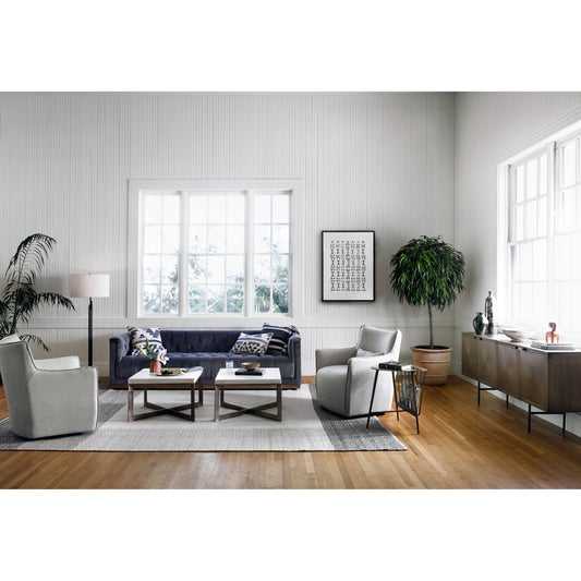Kimble Swivel Chair by Four Hands in noble platinum. Made from 100% polyester, pine plywood, solid pine in a modern style.