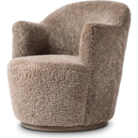 Aurora Swivel Chair by Four Hands in taupe shearling, distressed natural. Made from shearling, solid parawood in a eclectic & global style.