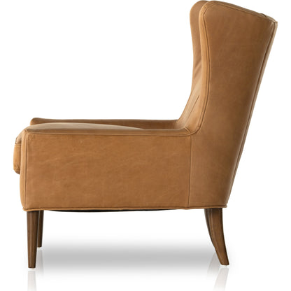 Marlow Wing Chair by Four Hands. Made from top grain leather, solid parawood, 100% polyester in a modern style.