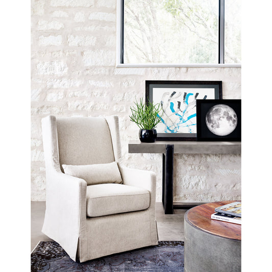 Swivel Wing Chair by Four Hands in jette linen. Made from 46% viscose (rayon), 34% polyester, 20% flax, linen, pine plywood, 100% polyurethane foam in a modern style.