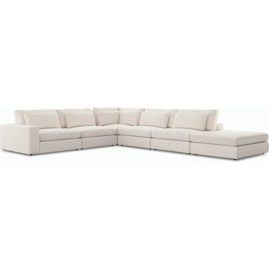 Bloor 5 Piece Sectional with Ottoman by Four Hands in essence natural. Made from 49% viscose (rayon), 22% flax, linen, 18% polyester, 11% cotton, solid pine, 50% fiber, 50% down in a modern style.
