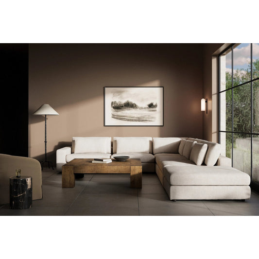 Bloor 5 Piece Sectional with Ottoman by Four Hands in essence natural. Made from 49% viscose (rayon), 22% flax, linen, 18% polyester, 11% cotton, solid pine, 50% fiber, 50% down in a modern style.