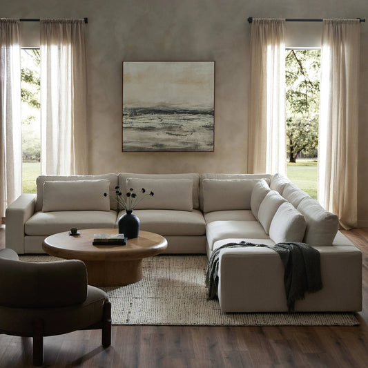 Bloor 5 Piece Sectional by Four Hands in clairmont sand. Made from 71% olefin, 30% polyester, solid pine, 50% fiber, 50% down in a modern style.