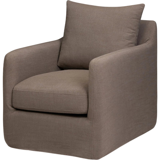 Banks Slipcover Swivel Chair by Four Hands in savoy coffee. Made from 61% polyester, 31% viscose (rayon), 8% flax, linen in a transitional style.