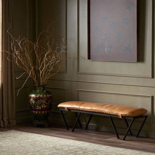 Darrow Bench by Four Hands in palermo cognac, light gunmetal. Made from top grain leather, iron, 100% polyester in a modern style.