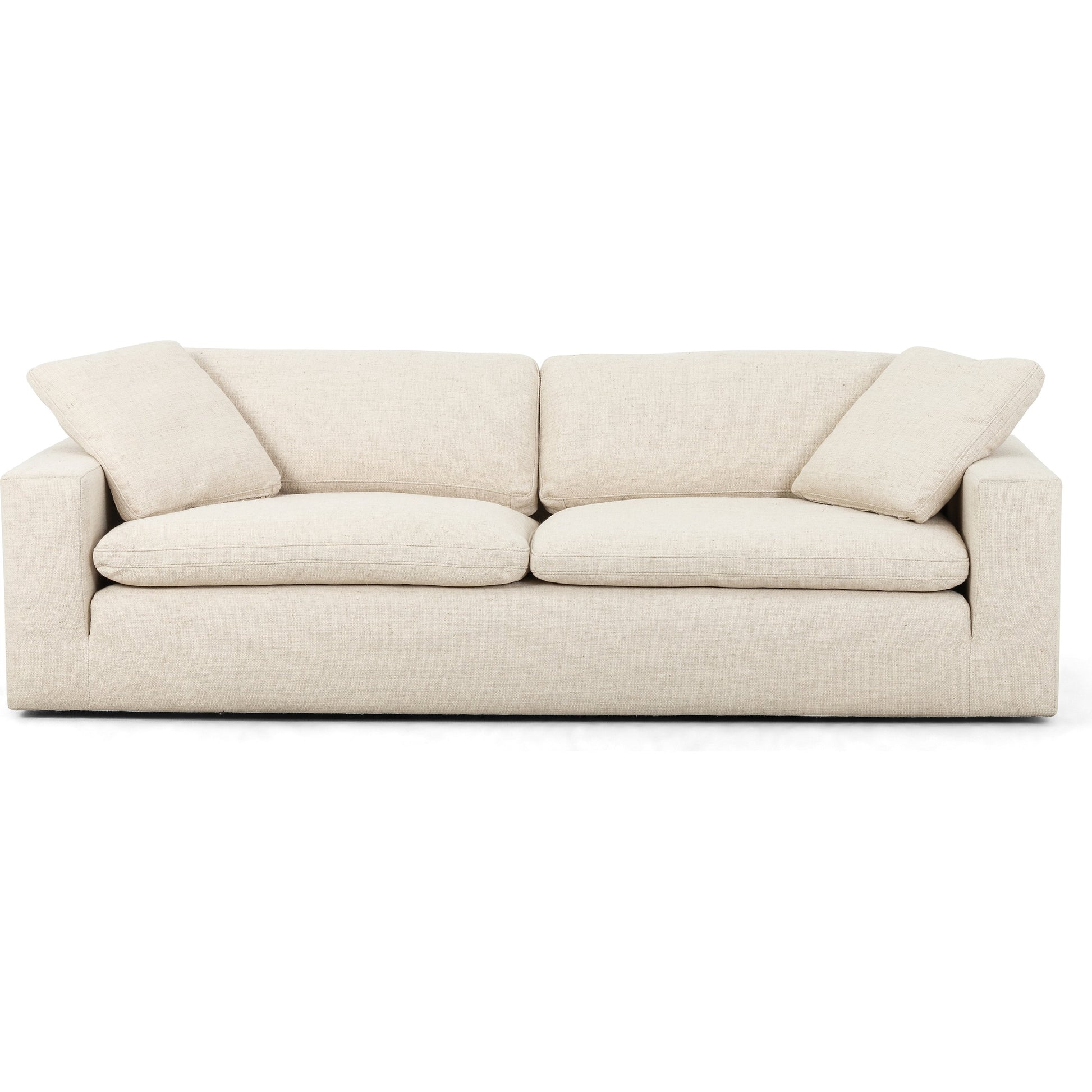 Plume Sofa by Four Hands in thames cream. Made from 66% polyester, 19% acrylic, 15% flax, linen, poplar plywood, 60% waterfowl feather, 40% polyester fiber in a modern style.