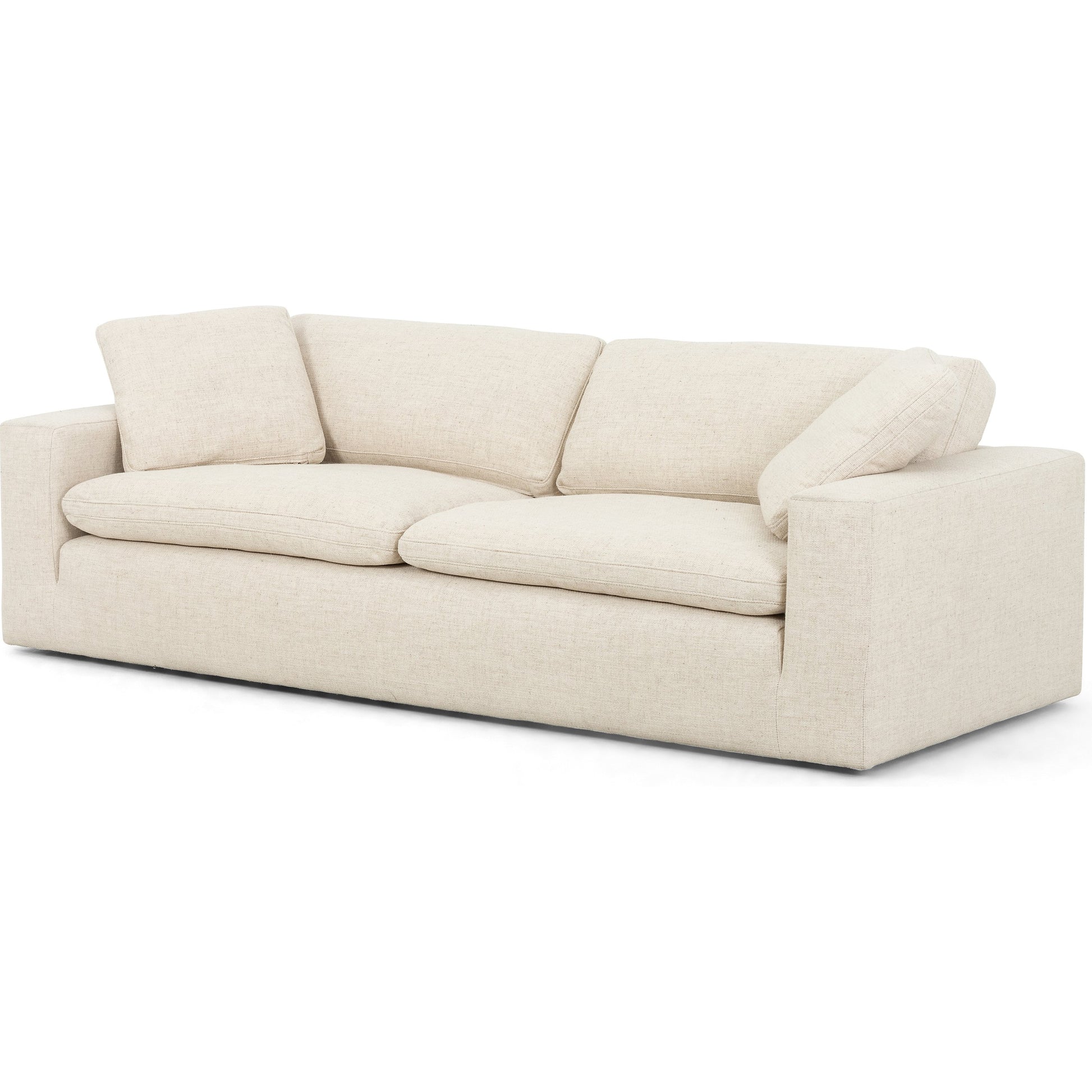 Plume Sofa by Four Hands in thames cream. Made from 66% polyester, 19% acrylic, 15% flax, linen, poplar plywood, 60% waterfowl feather, 40% polyester fiber in a modern style.