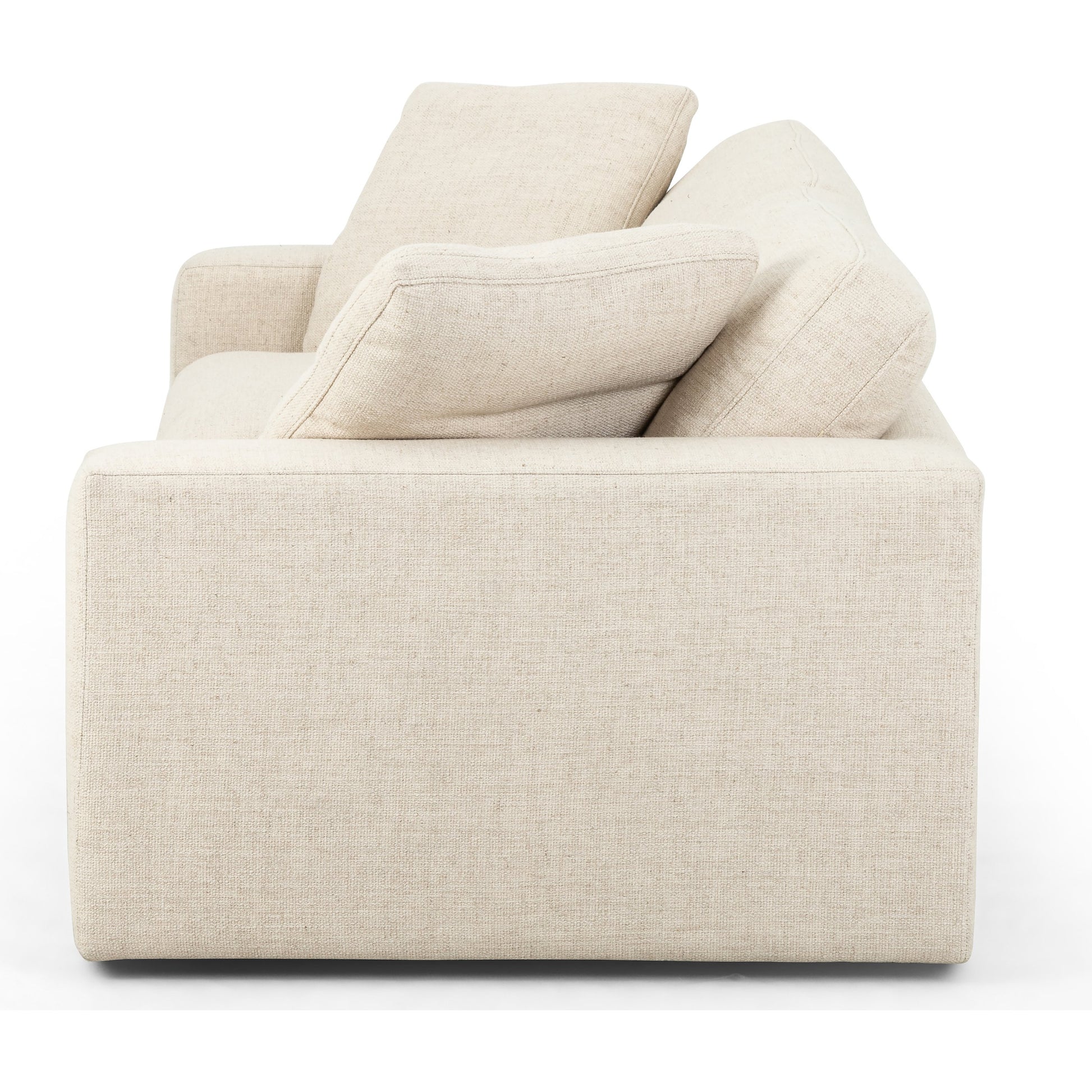 Plume Sofa by Four Hands in thames cream. Made from 66% polyester, 19% acrylic, 15% flax, linen, poplar plywood, 60% waterfowl feather, 40% polyester fiber in a modern style.