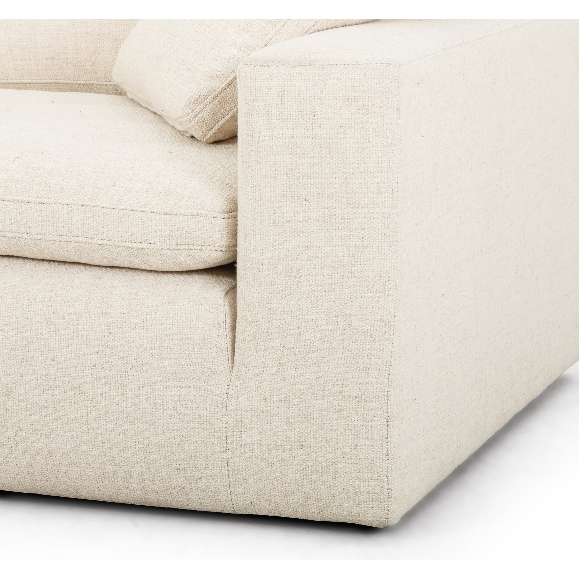 Plume Sofa by Four Hands in thames cream. Made from 66% polyester, 19% acrylic, 15% flax, linen, poplar plywood, 60% waterfowl feather, 40% polyester fiber in a modern style.