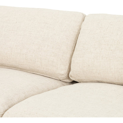 Plume Sofa by Four Hands in thames cream. Made from 66% polyester, 19% acrylic, 15% flax, linen, poplar plywood, 60% waterfowl feather, 40% polyester fiber in a modern style.