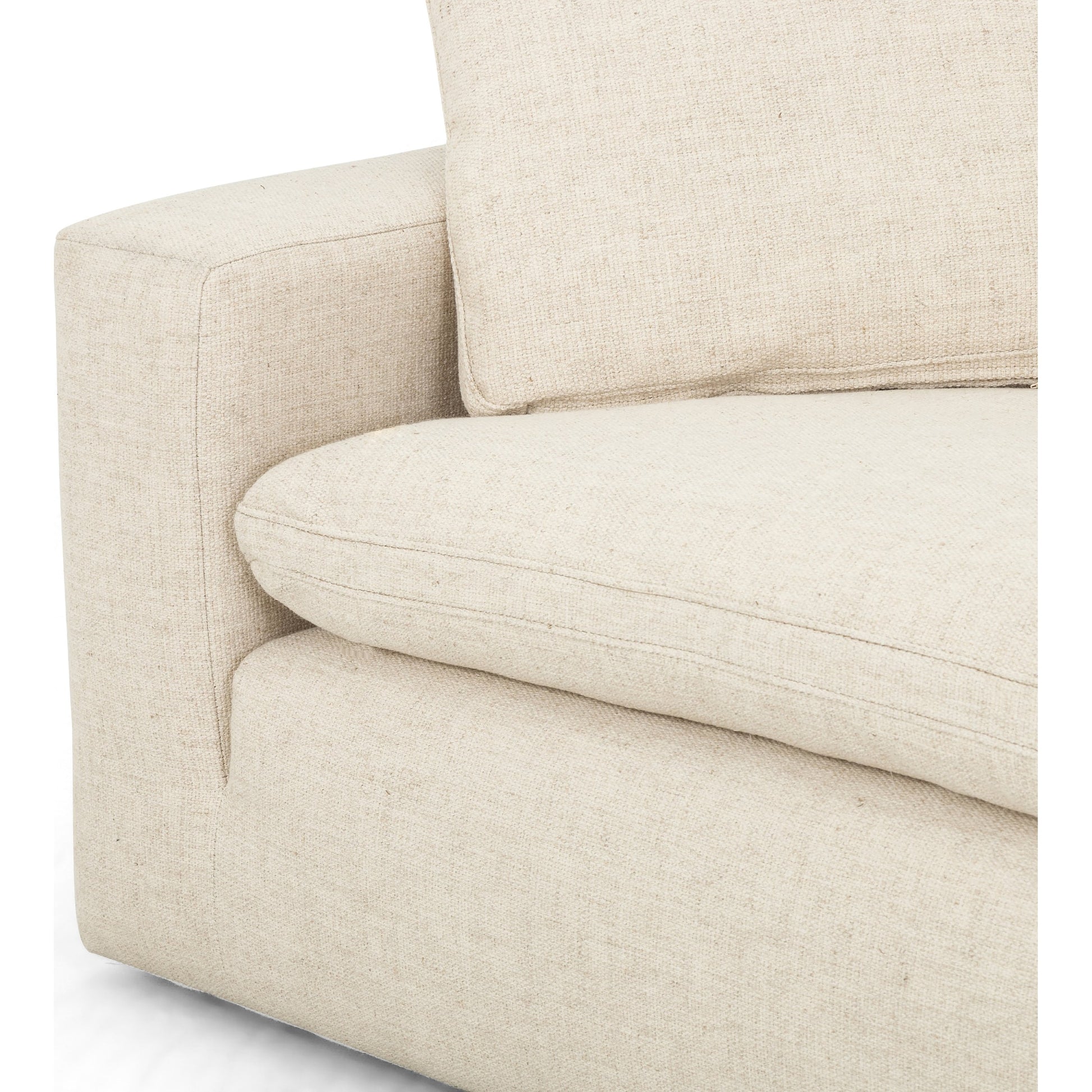 Plume Sofa by Four Hands in thames cream. Made from 66% polyester, 19% acrylic, 15% flax, linen, poplar plywood, 60% waterfowl feather, 40% polyester fiber in a modern style.