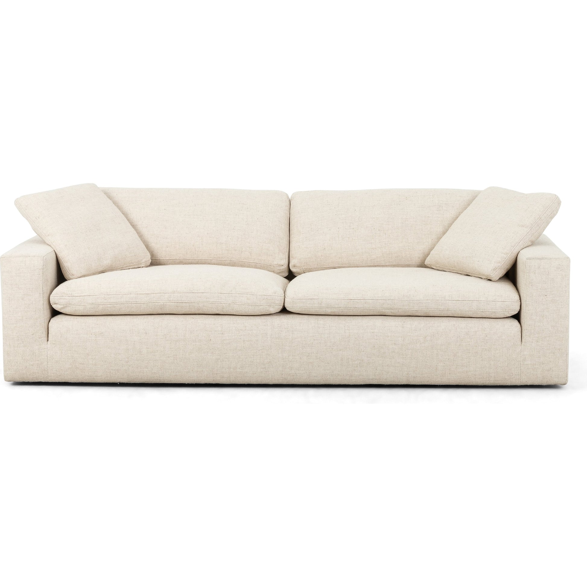 Plume Sofa by Four Hands in thames cream. Made from 66% polyester, 19% acrylic, 15% flax, linen, poplar plywood, 60% waterfowl feather, 40% polyester fiber in a modern style.