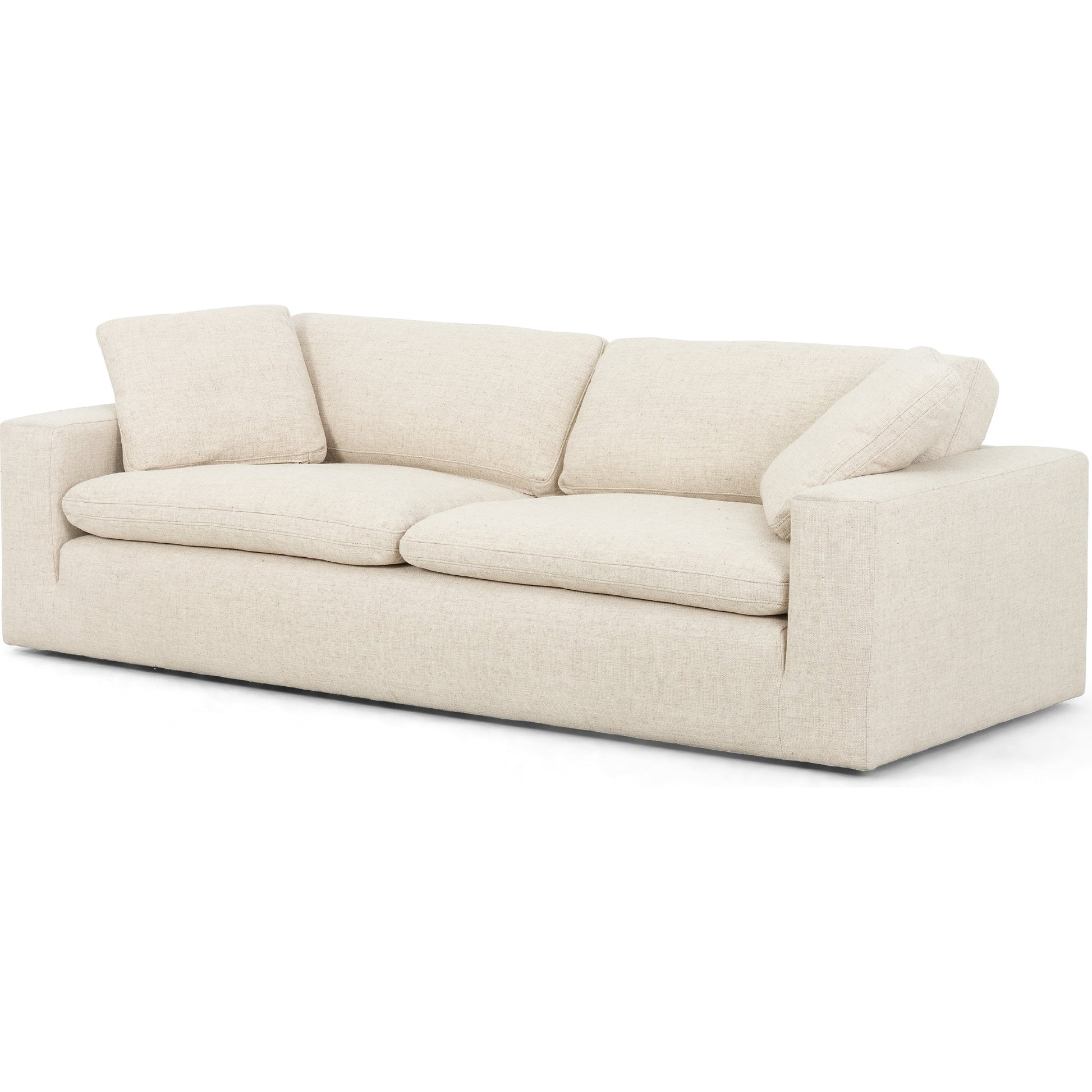 Plume Sofa by Four Hands in thames cream. Made from 66% polyester, 19% acrylic, 15% flax, linen, poplar plywood, 60% waterfowl feather, 40% polyester fiber in a modern style.