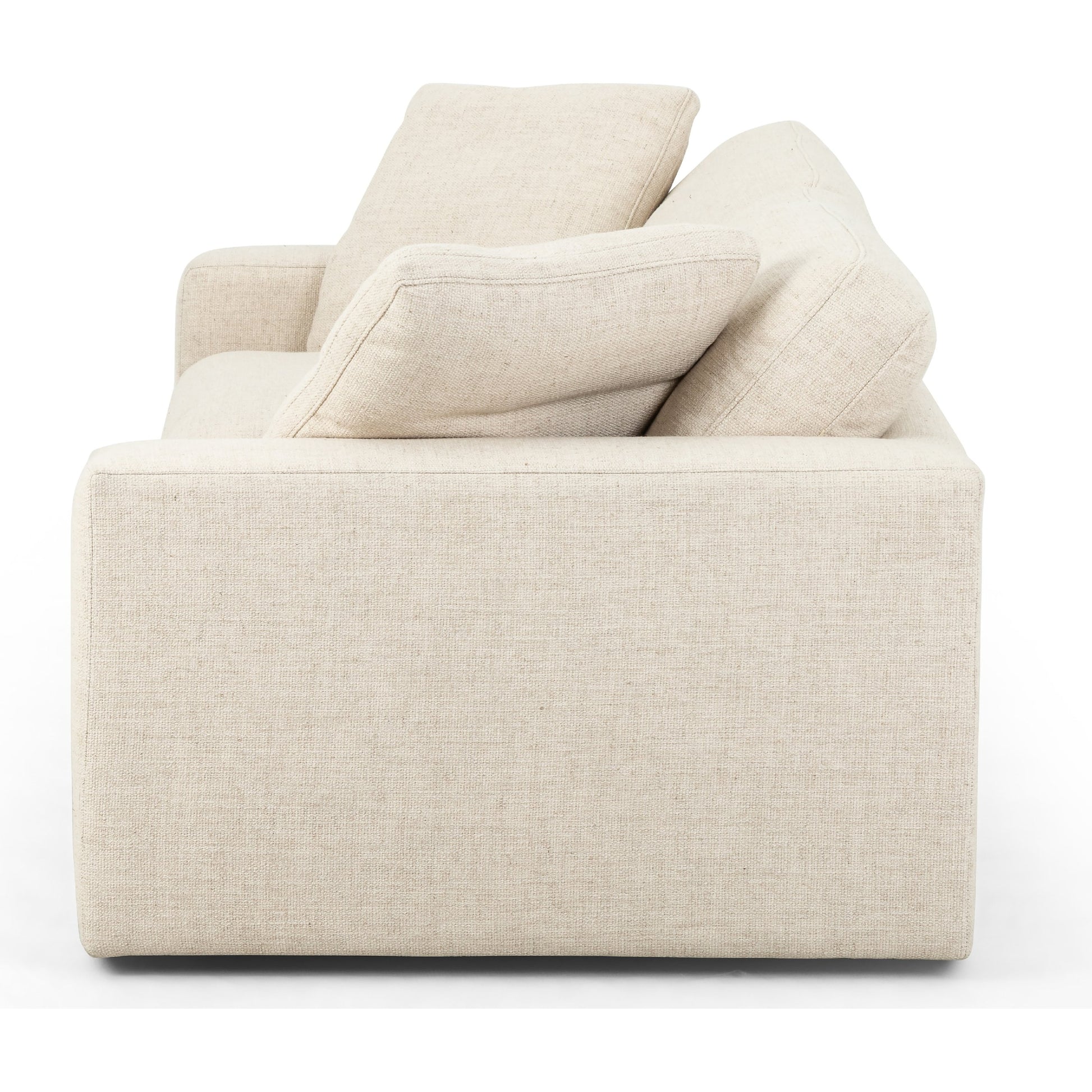 Plume Sofa by Four Hands in thames cream. Made from 66% polyester, 19% acrylic, 15% flax, linen, poplar plywood, 60% waterfowl feather, 40% polyester fiber in a modern style.