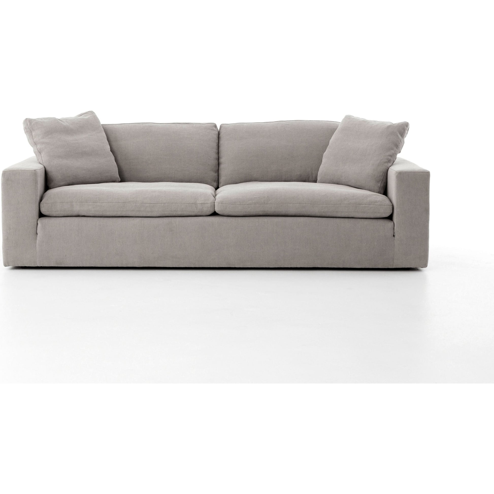 Plume Sofa by Four Hands in thames cream. Made from 66% polyester, 19% acrylic, 15% flax, linen, poplar plywood, 60% waterfowl feather, 40% polyester fiber in a modern style.