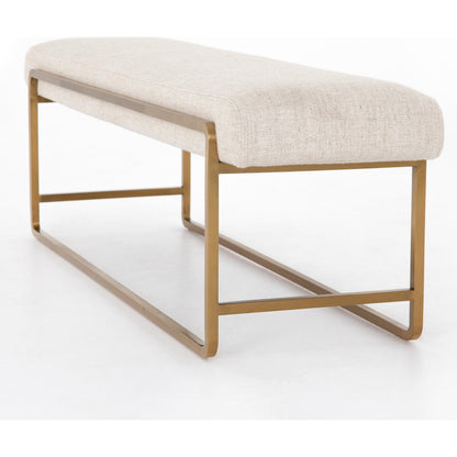 Sled Bench by Four Hands in thames cream. Made from 66% polyester, 19% acrylic, 15% flax, linen, stainless steel, poplar plywood in a modern style.