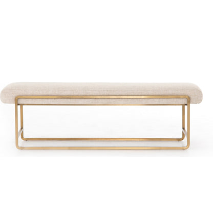 Sled Bench by Four Hands in thames cream. Made from 66% polyester, 19% acrylic, 15% flax, linen, stainless steel, poplar plywood in a modern style.